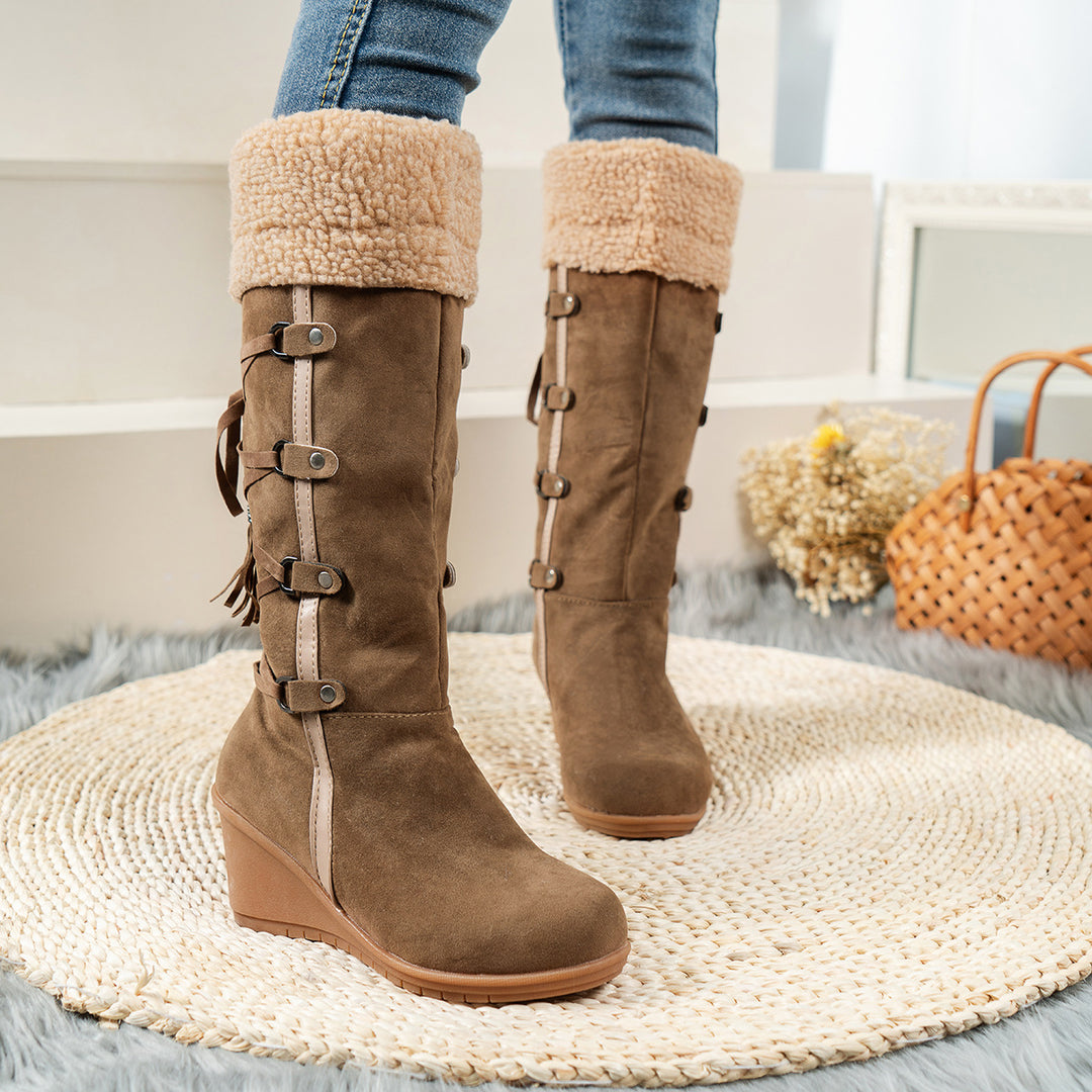 Brown Faux Suede Faux Fur Cuff Wedge Boots