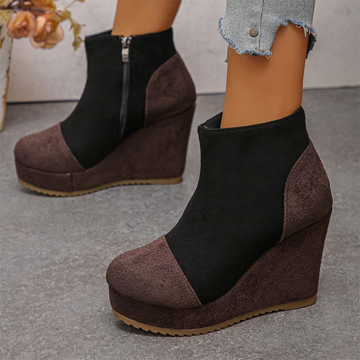 Colorblock Suede Platform Wedge Ankle Boots