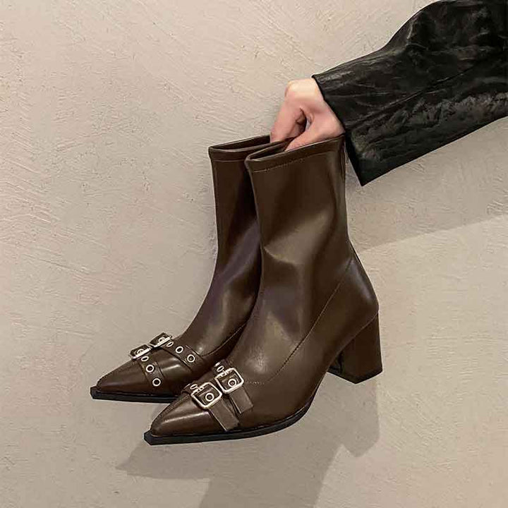 Pointed Toe Buckle Block Heel Ankle Boots