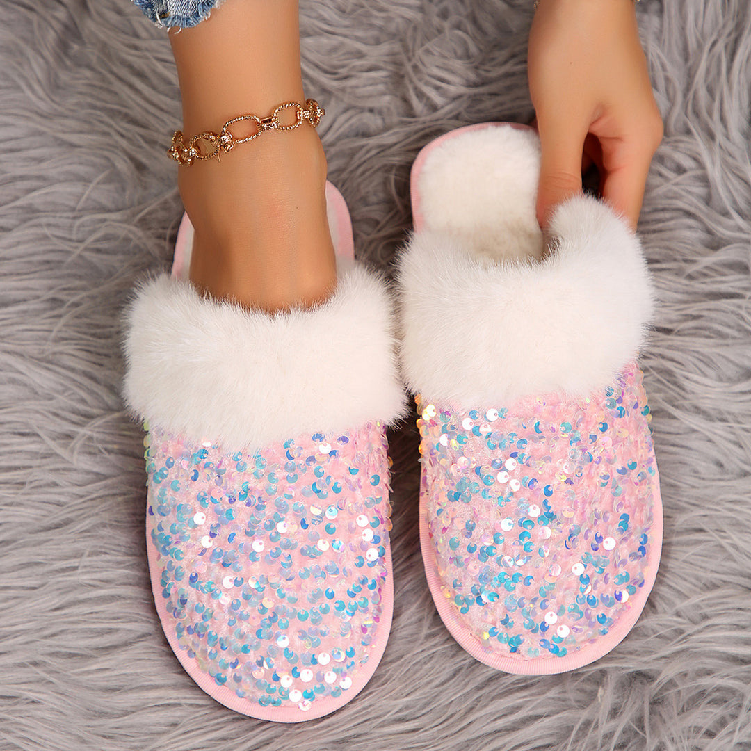 Sparkling Sequin Faux Fur Slippers