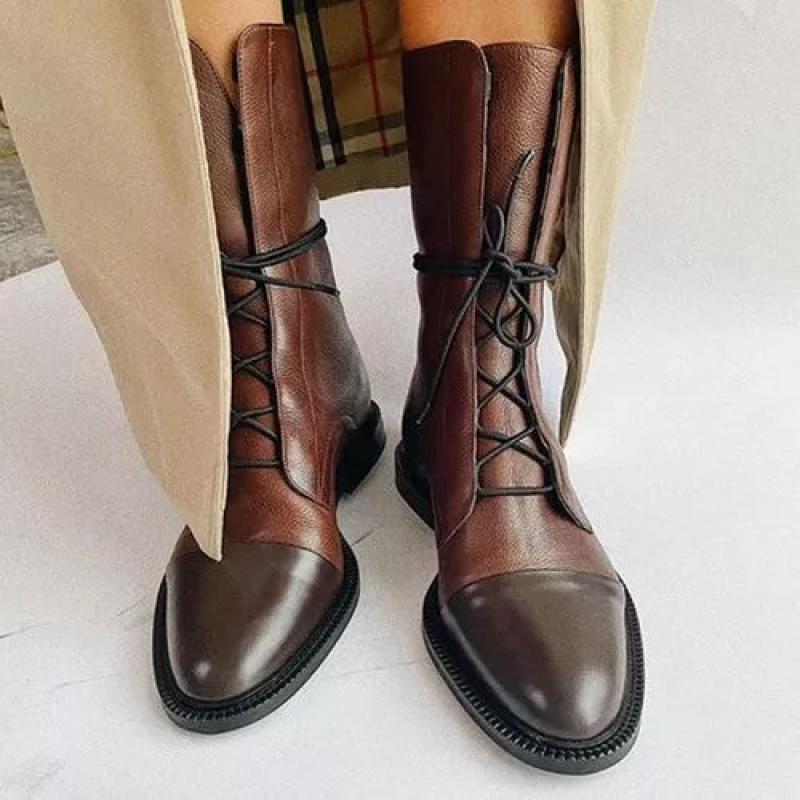 Lace-Up Cap Toe Mid-Calf Boots