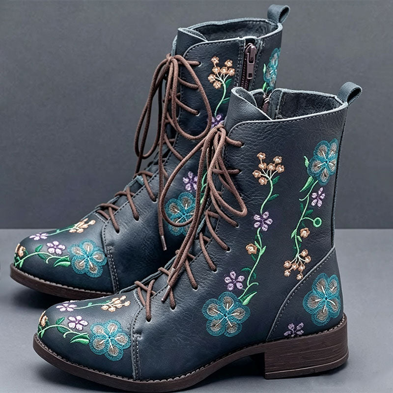 Vintage Floral Lace-Up Ankle Boots