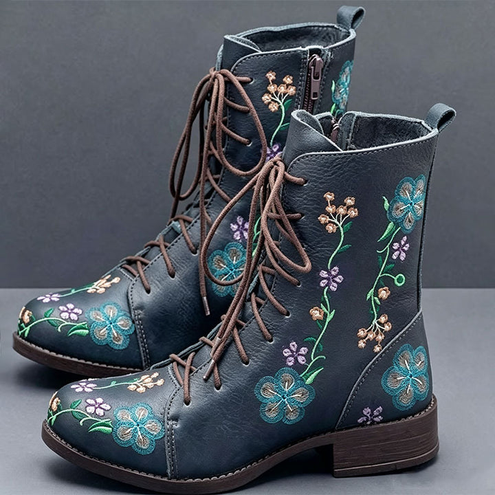 Vintage Floral Lace-Up Ankle Boots