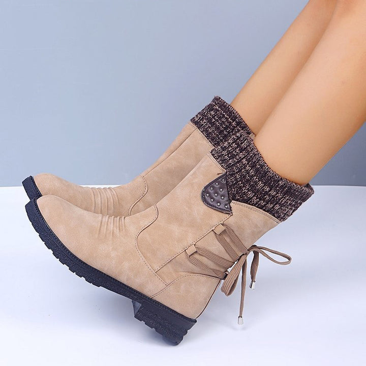 Vintage Knit Cuff Lace-Up Mid-Calf Boots