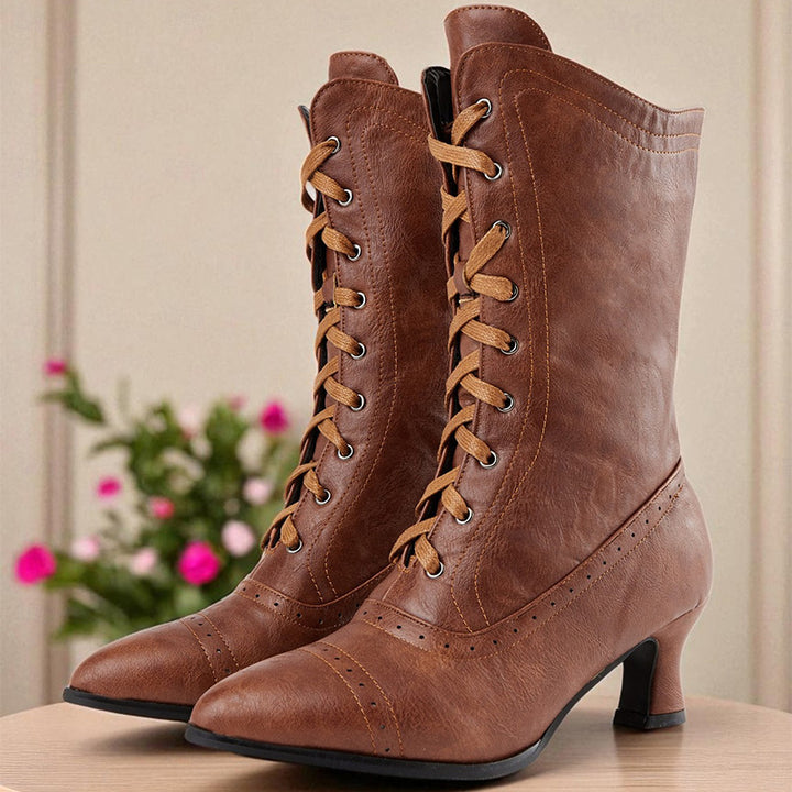 Vintage Two-Tone Lace-Up Mid-Calf Boots