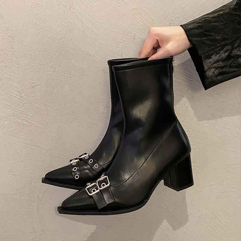 Pointed Toe Buckle Block Heel Ankle Boots