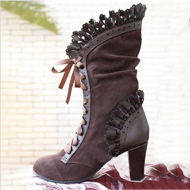 Vintage Floral Lace-Up Mid-Calf Boots