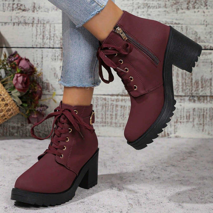Lace Up Solid Color Block Heel Ankle Boots