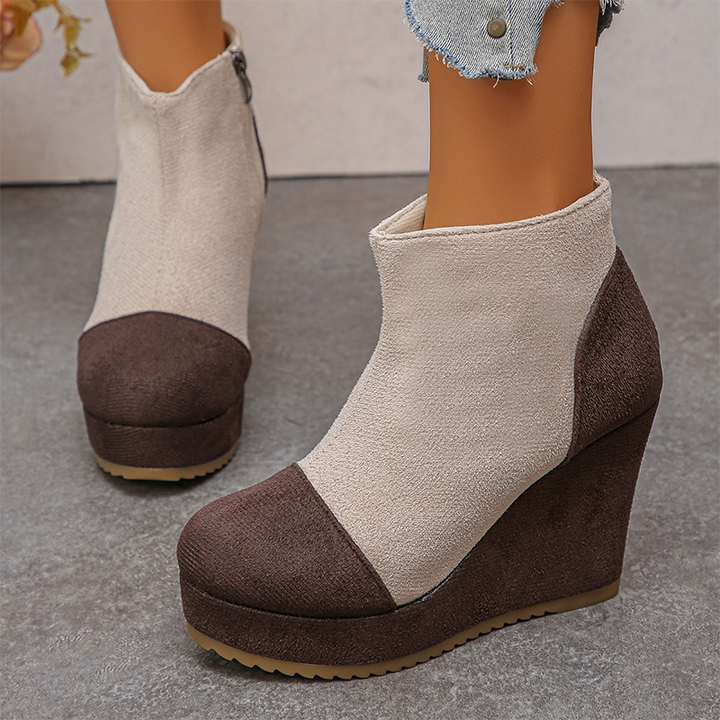 Colorblock Suede Platform Wedge Ankle Boots