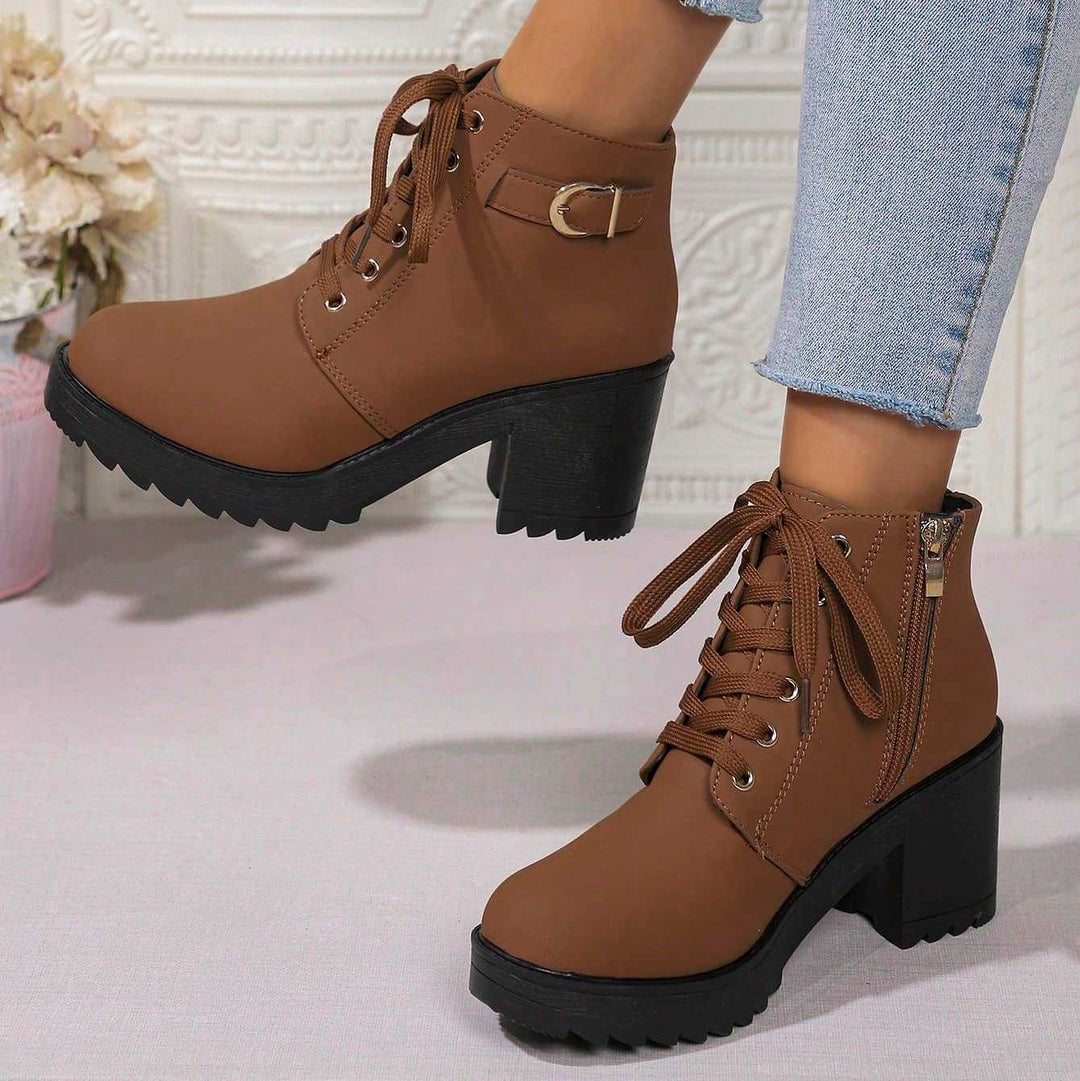 Lace Up Solid Color Block Heel Ankle Boots