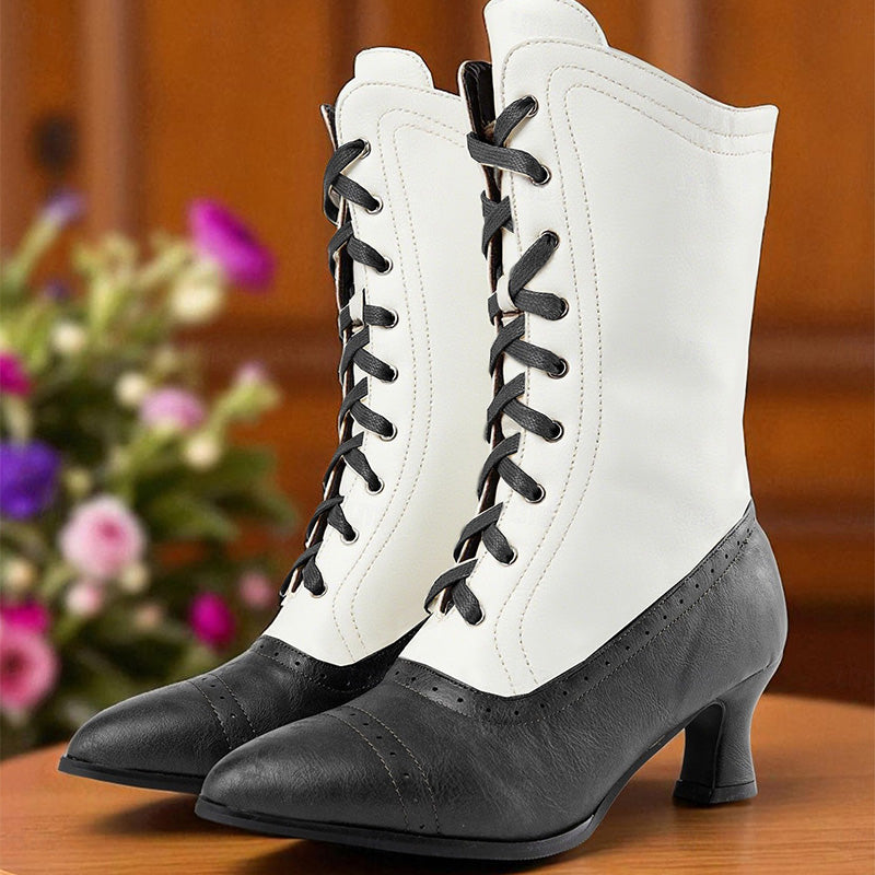 Vintage Two-Tone Lace-Up Mid-Calf Boots