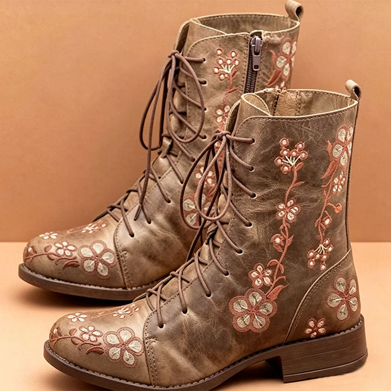 Vintage Floral Lace-Up Ankle Boots