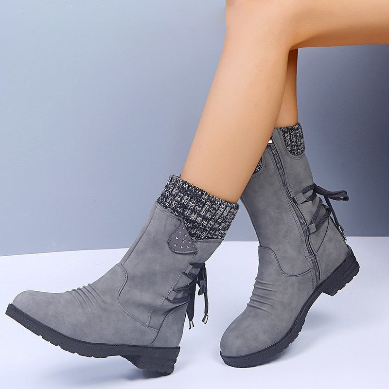 Vintage Knit Cuff Lace-Up Mid-Calf Boots
