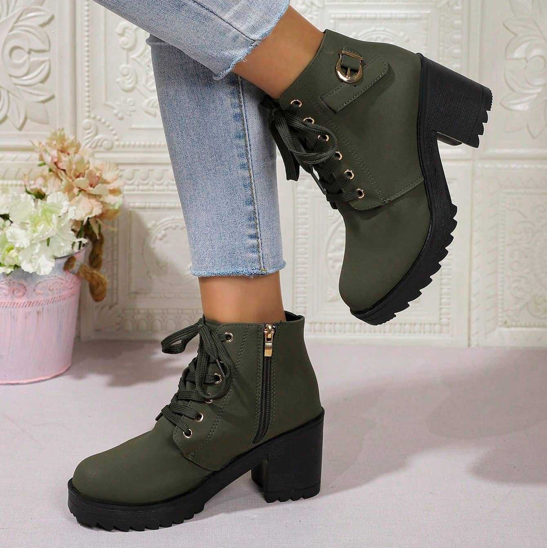 Lace Up Solid Color Block Heel Ankle Boots