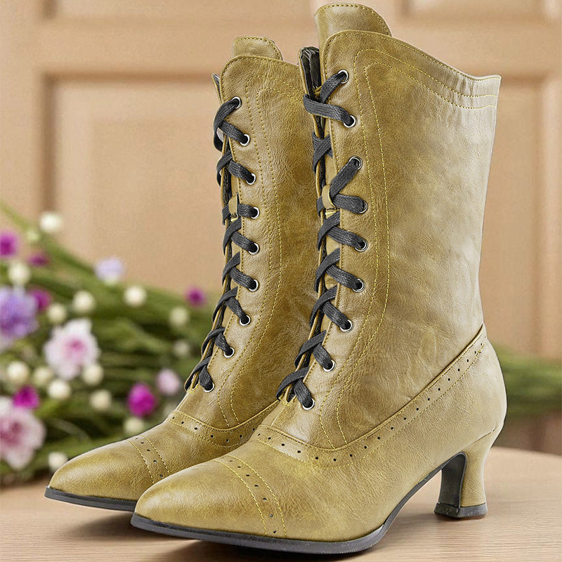 Vintage Two-Tone Lace-Up Mid-Calf Boots