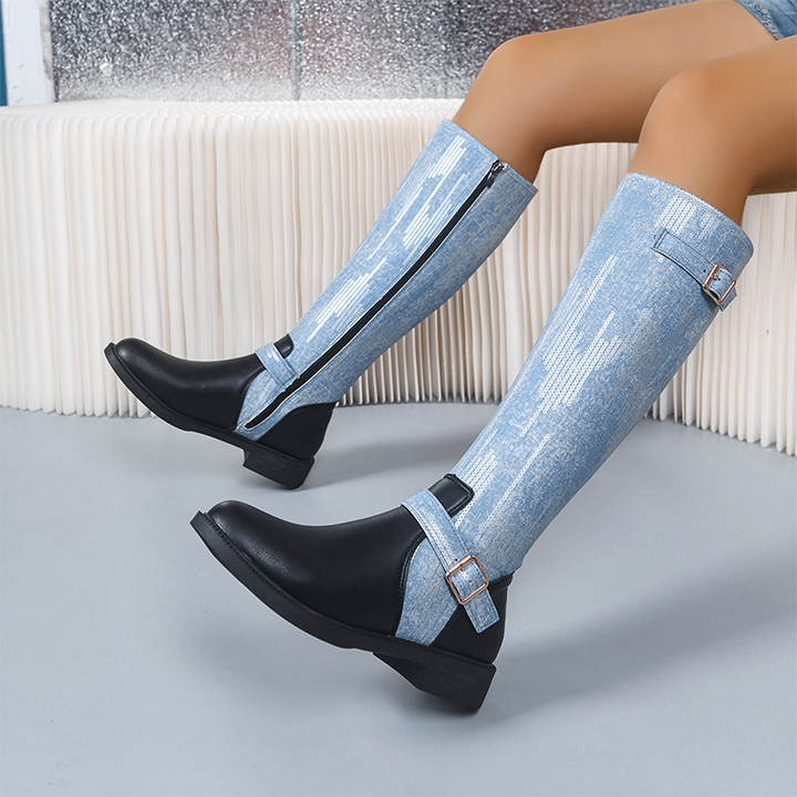Sparkling Denim Buckle Knee-High Boots