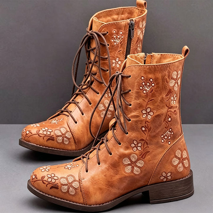 Vintage Floral Lace-Up Ankle Boots