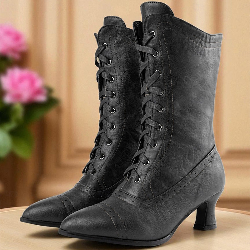 Vintage Two-Tone Lace-Up Mid-Calf Boots