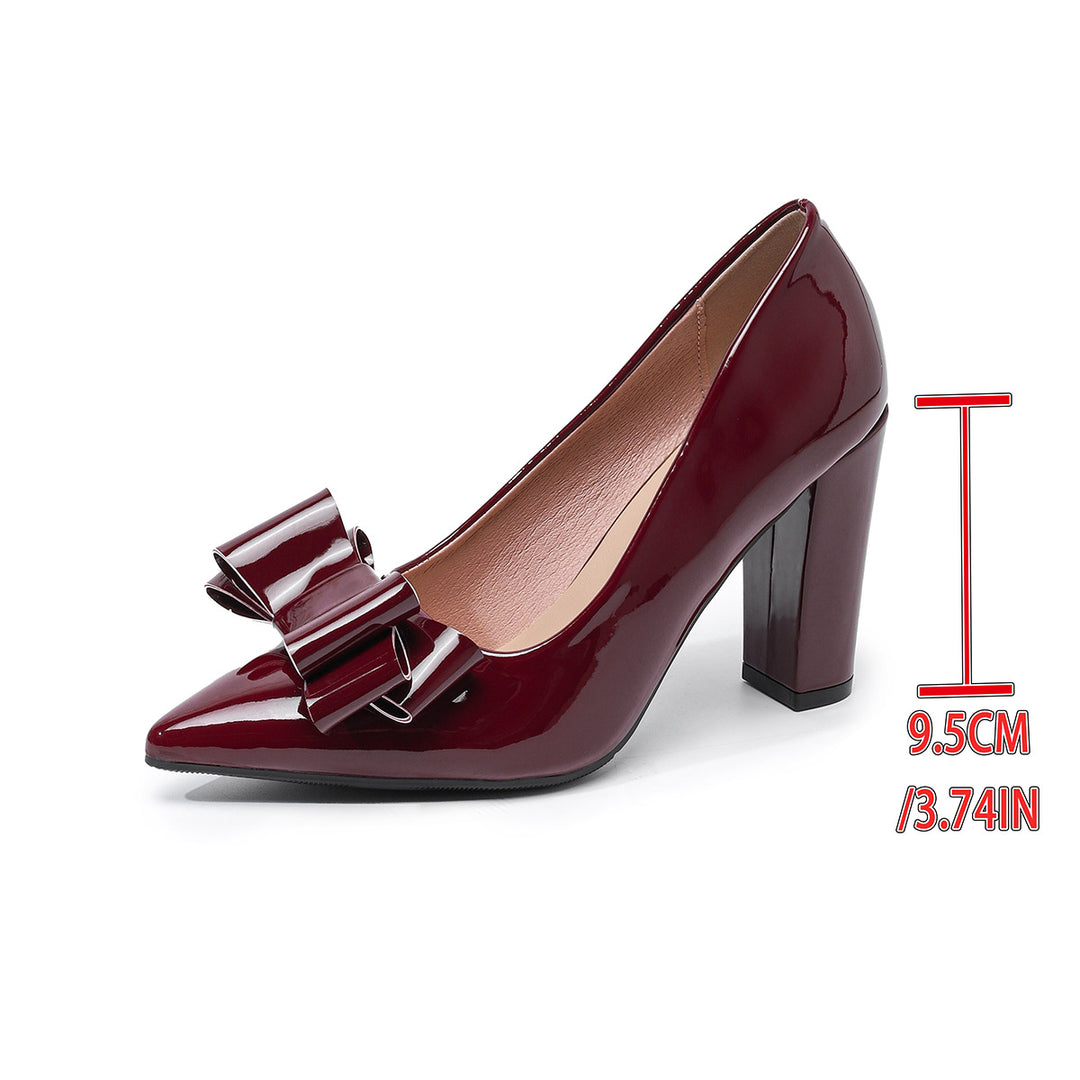 Patent Bow Pointed Toe Block Heel Pumps