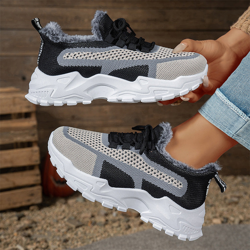 Fur-Lined Knit Lace-Up Winter Sneakers