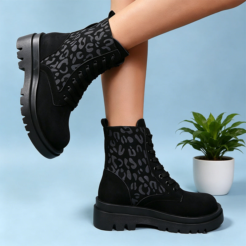 Leopard Print Lace-Up Platform Ankle Boots