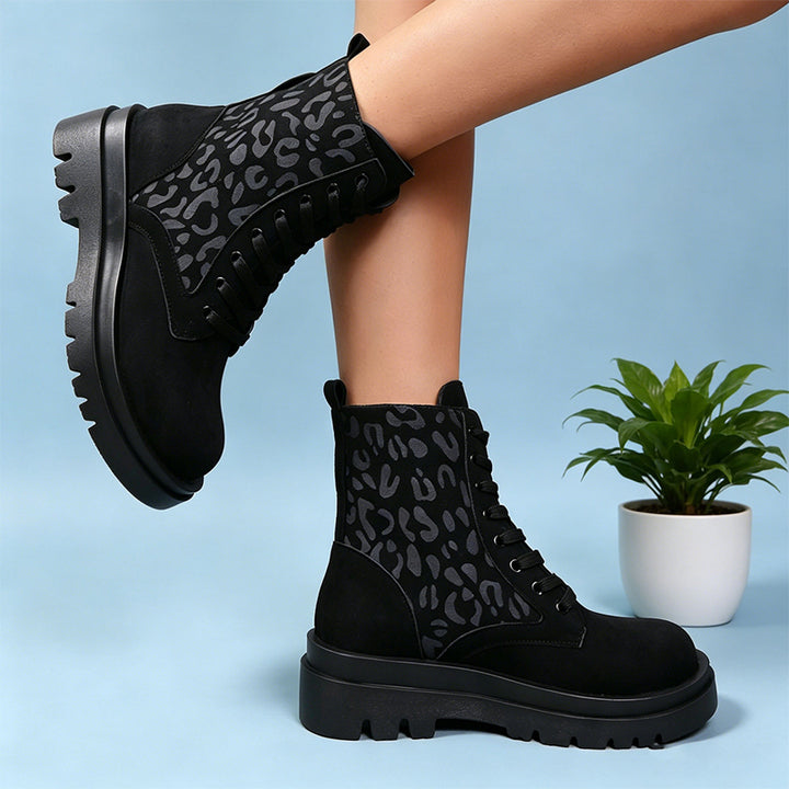 Leopard Print Lace-Up Platform Ankle Boots