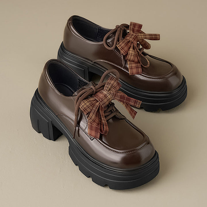 Plaid Bow Chunky Platform Loafers