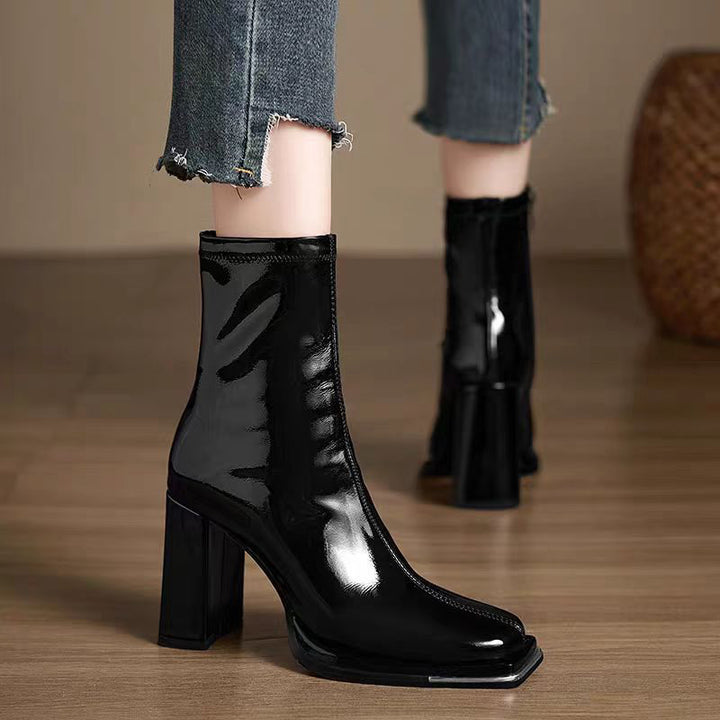 Glossy Patent Block Heel Ankle Boots