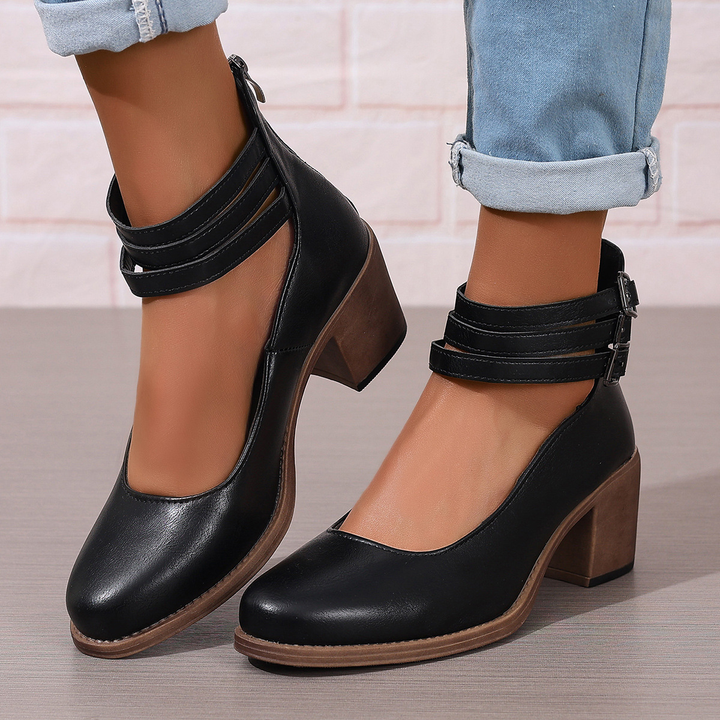 Retro Triple Strap Block Heel Pumps