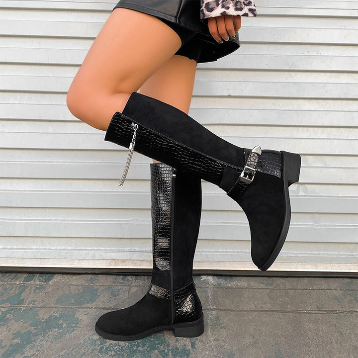 Vintage Buckle Patchwork Knee-High Boots