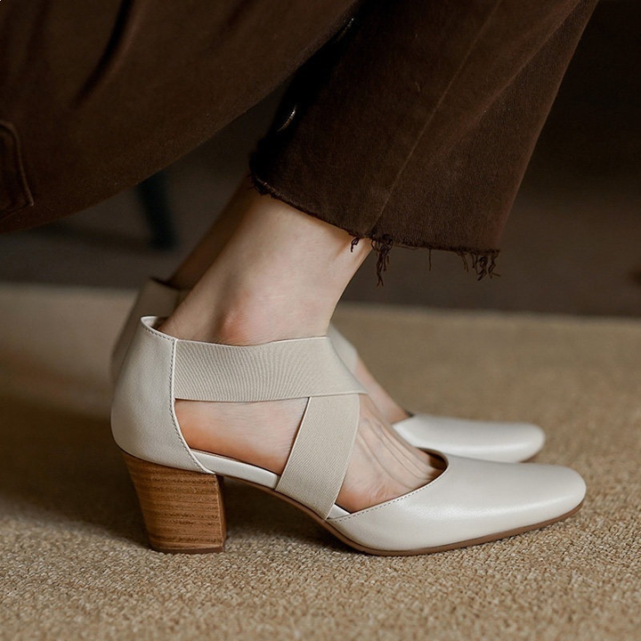 Elastic Strap Block Heel Pumps