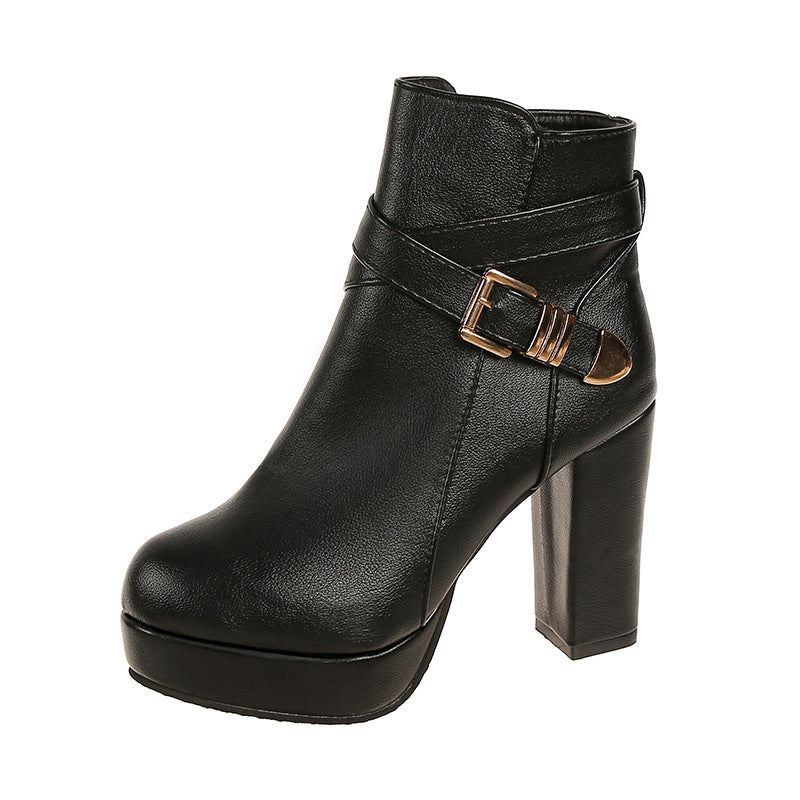 Buckle Strap Platform Block Heel Ankle Boots