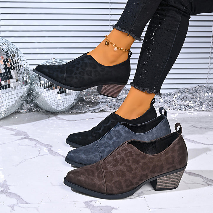 Leopard Print Pointed Toe Block Heel Shoes