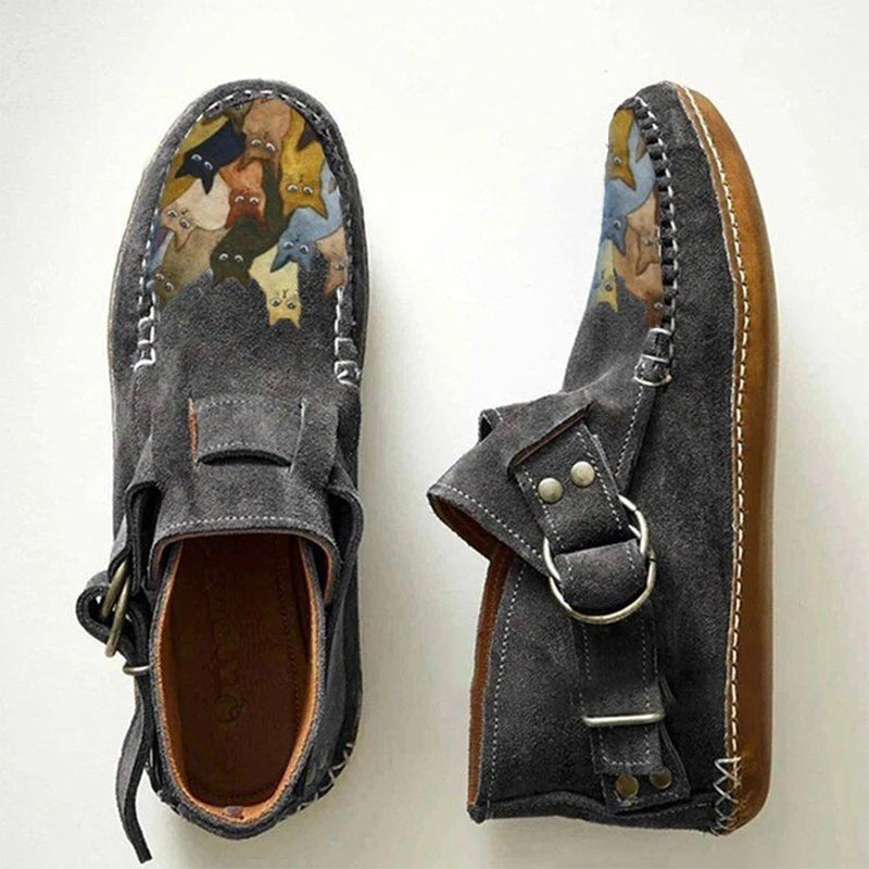 Vintage Purple Suede Cat Print Loafers