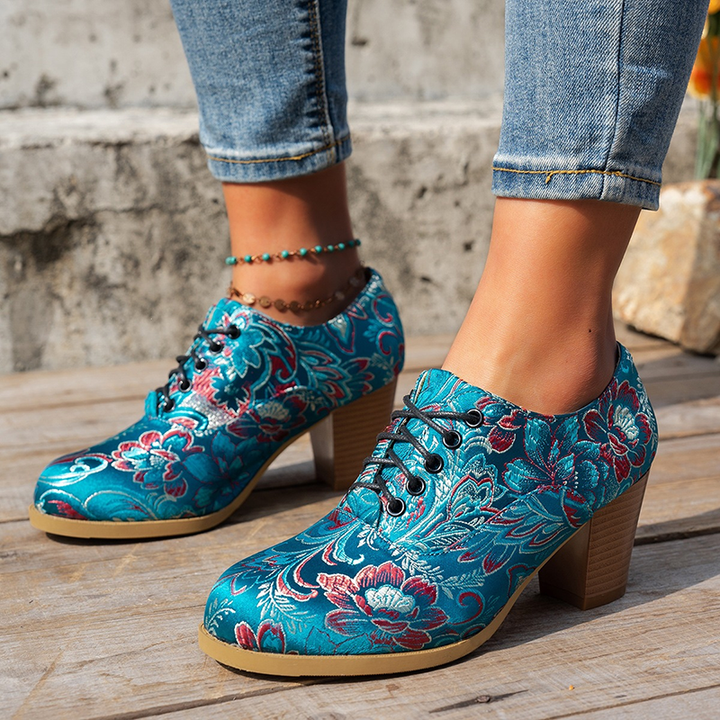 Floral Brocade Lace-Up Block Heel Pumps