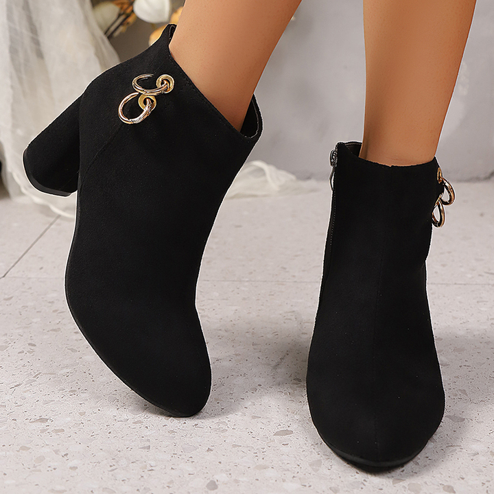 Suede-Look Metal Ring Block Heel Ankle Boots