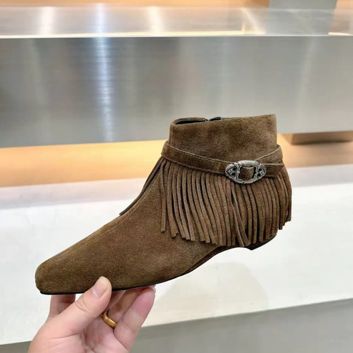 Fringe Buckle Pointed Toe Ankle Boots