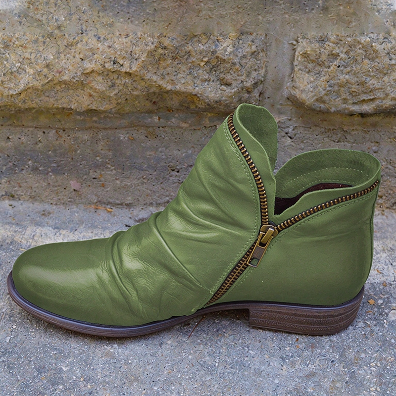 Side-zip ruched low-heel vintage ankle boots