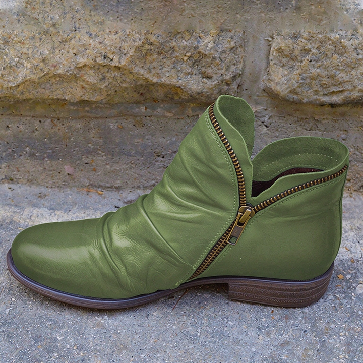 Side-zip ruched low-heel vintage ankle boots