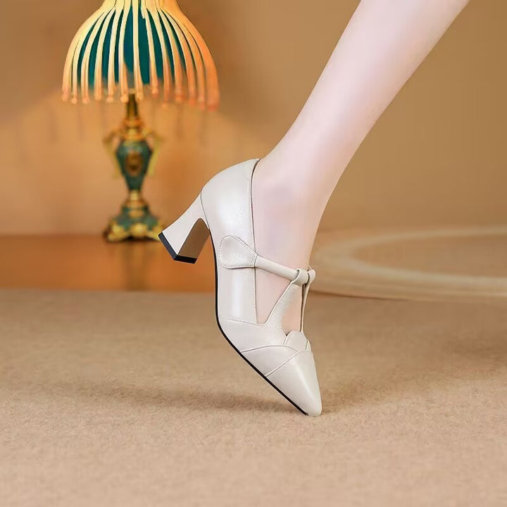 Elegant T-Strap Pointed Toe Block Heel Pumps