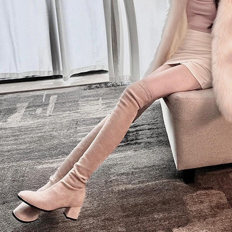 Elegant Suede Over-the-Knee Block Heel Boots