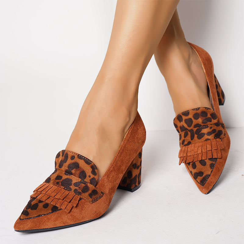 Leopard Print Fringe Block Heel Pumps