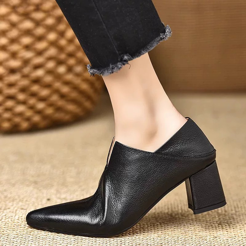 Elegant V-Cut Pointed Toe Block Heel Pumps