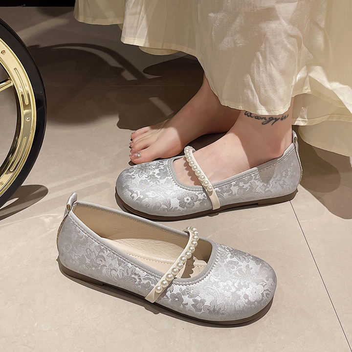 Pearl Strap Jacquard Mary Jane Flats