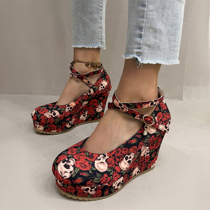Skull Rose Print Platform Wedge Mary Jane Shoes
