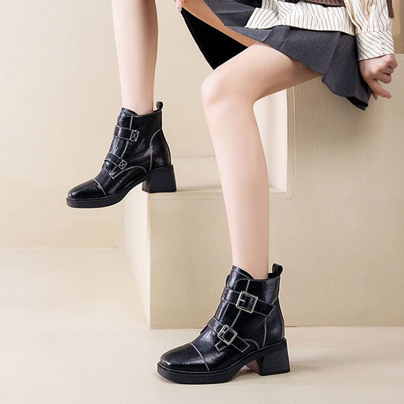 Double Buckle Block Heel Ankle Boots