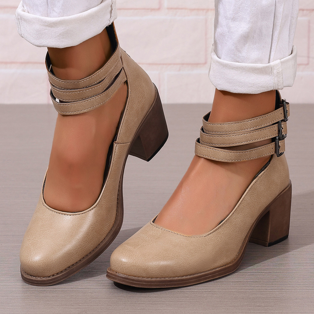 Retro Triple Strap Block Heel Pumps