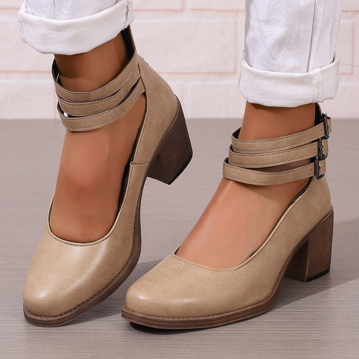 Retro Triple Strap Block Heel Pumps