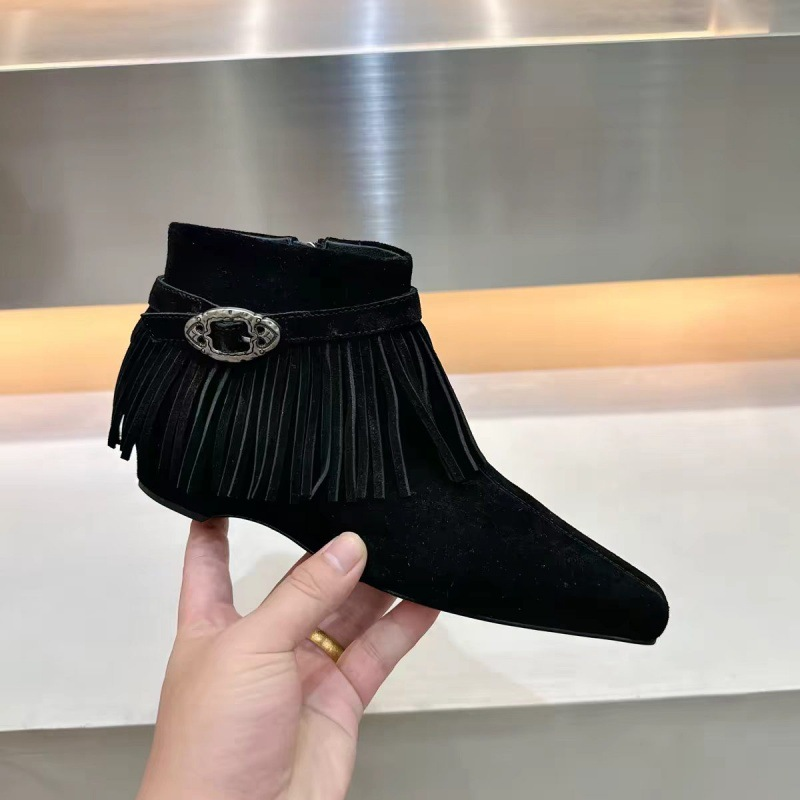 Fringe Buckle Pointed Toe Ankle Boots