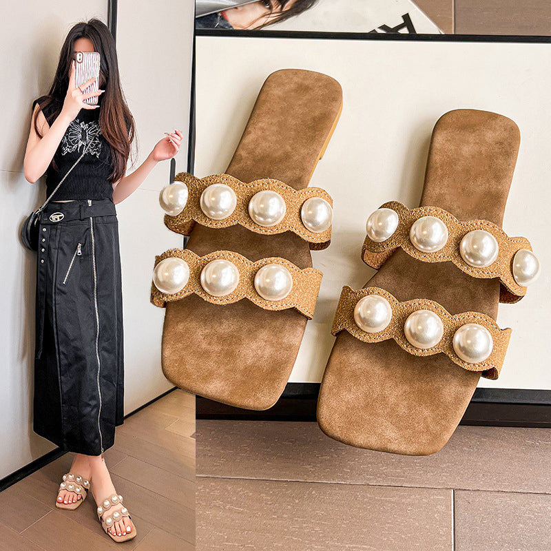 Pearl Embellished Double Strap Flat Sandals